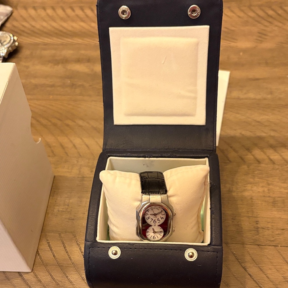 Philip Stein Black Strap Watch with Silver Case and White Dial